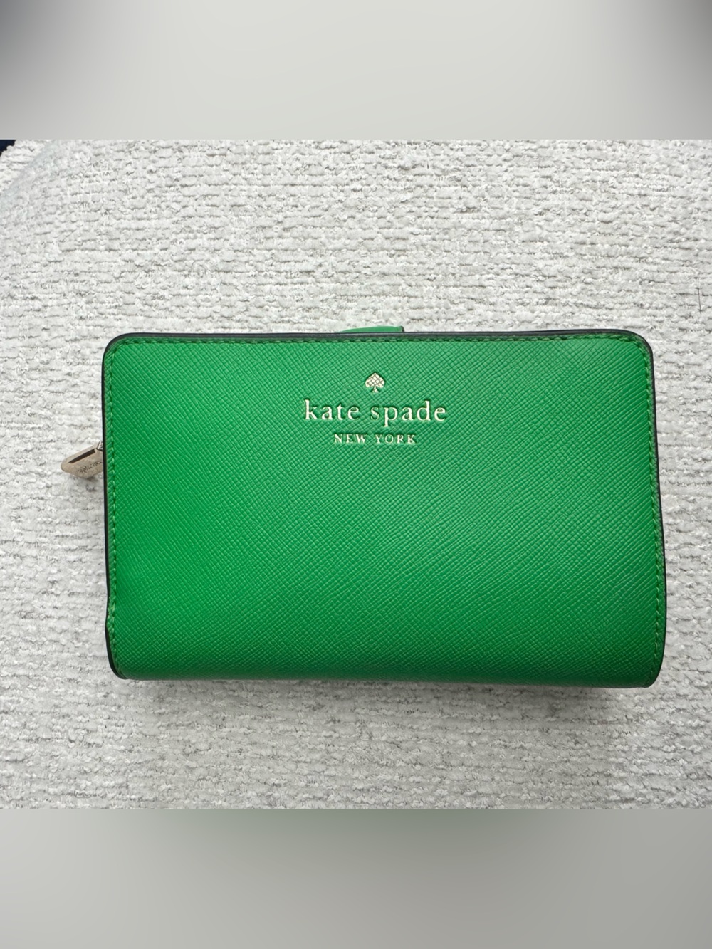 kate spade Green Saffiano Zip Wallet with Gold Logo